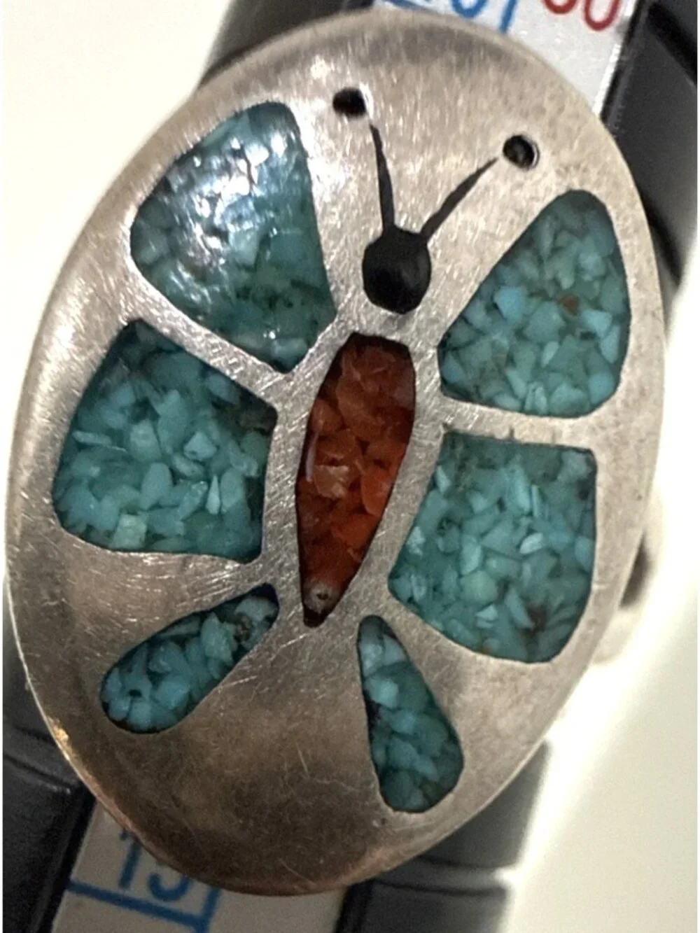 Vintage Native American Coral Turquoise Chip Inlay Silver Ring Southwestern 6.5